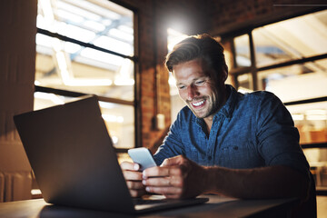 Aufkleber - Business man, laptop and phone with texting for communication, networking and working overtime in office. Male employee, computer and mobile chat at night for project feedback, internet and news app