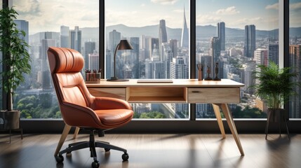 Poster - A modern office interior with a wooden wall, city view window, computer on desk, 