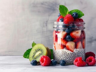 Healthy chia seed pudding with fresh fruits in a jar, featuring strawberries, blueberries, and kiwi, perfect for a nutritious breakfast or snack.