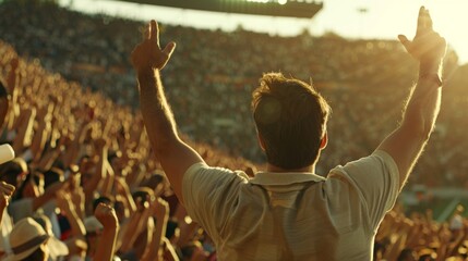 A man is standing in a stadium full of people, with his hands raised in the air