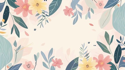 An illustrator artwork of minimal leaves and flowers pattern, soft pastel colors, simple and elegant design, with leaves and flowers spread evenly across the canvas, white backgrou