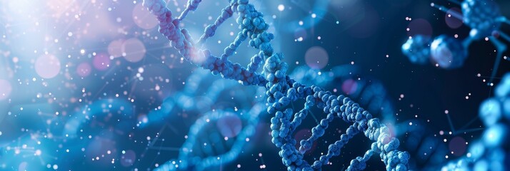 A detailed image of a DNA helix in vibrant blue shades, emphasizing the field of genetic science and biotechnology