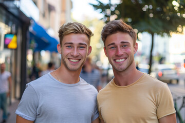 Gorgeous gay couple on the street 