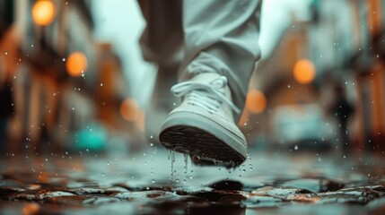 Close-up view of a person's feet in white sneakers walking on a wet cobblestone street, with water droplets splashing and a blurred urban background with lights.