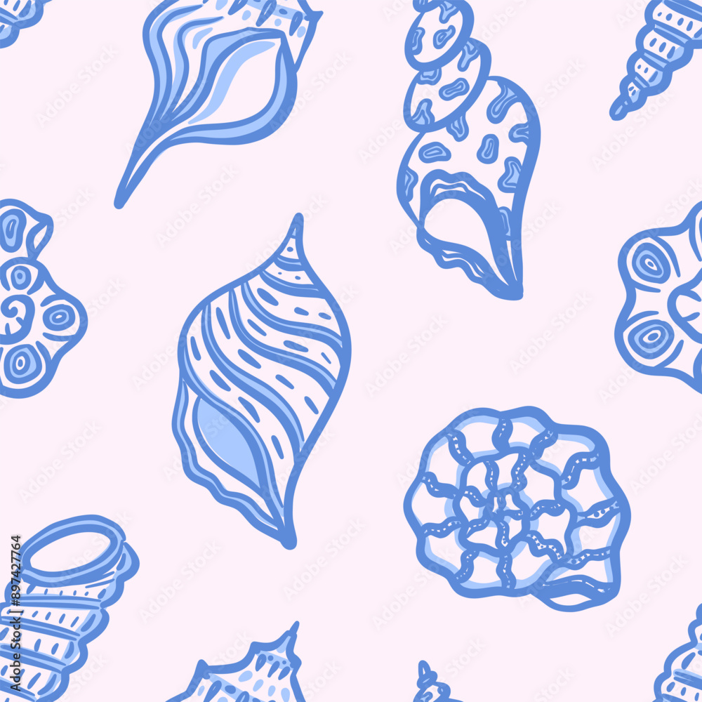 Whimsical seamless vector pattern of blue abstract seashells in hand ...