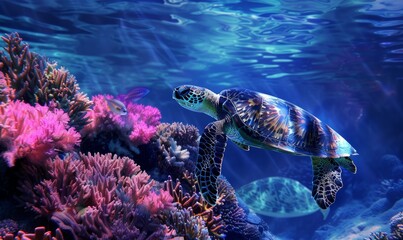 Wall Mural - Sea turtle swimming in coral reef, vibrant underwater scenery and graceful movement, wild animals in their natural habitat