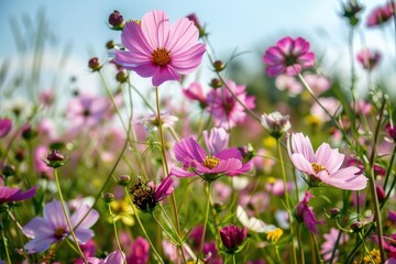 Wall Mural - Beautiful pink cosmos flowers are blooming in a summer meadow, creating a picturesque scene of natural beauty