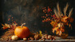 © medalinebow - Autumnal still life scene with pumpkin, ripe wheat, assorted nuts, and leaves, set against a dark background