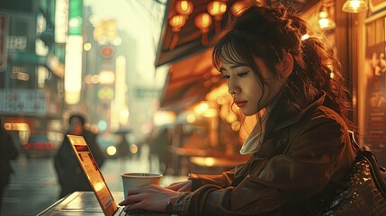 Wall Mural - A businesswoman typing on a laptop while enjoying a coffee at an outdoor cafÃ© in a bustling Asian city, with a mix of modern and traditional elements.