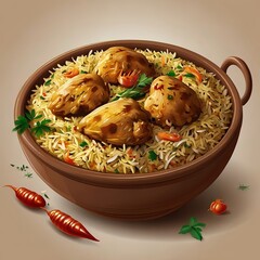 Wall Mural - Chicken Biriyani in the bowl Realistic white background
