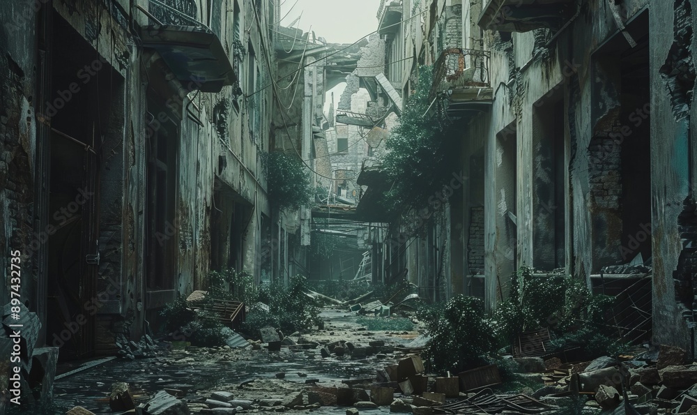Desolate remnants of an abandoned city ravaged by war, its streets ...