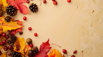 Poster - Frame of colorful red and yellow autumn leaves with cones and rowan berries on trendy beige background. First day of school, back to school, fall concept