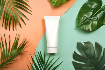 Minimalist skincare product tube against a vibrant background with tropical leaves, ideal for beauty and wellness themes.