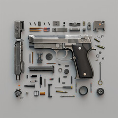 Exploded view of a disassembled handgun on a clean surface.