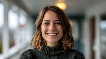 A bright, cheerful portrait of a smiling woman in a green sweater, radiating positivity and warmth while standing in a well-lit indoor environment, creating a welcoming aura.