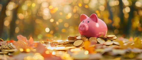 A pink piggy bank on coins, surrounded by autumn leaves, symbolizes saving for the future in a fall scene with a forest backdrop in blue and orange.