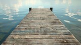 Fototapeta Pomosty - A serene scene with a wooden dock on a calm lake, surrounded by a light blue sky and water, evoking solitude and relaxation.