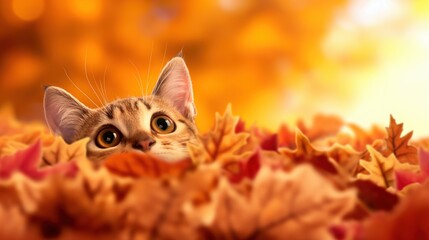 Cute kitten on autumn background with red maple leaves.