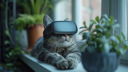 Poster - A tabby cat sits on a windowsill wearing a VR headset, looking up as if exploring a virtual world.