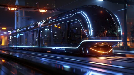 Poster - Sleek futuristic train illuminated with neon lights traversing through a modern urban landscape at night.