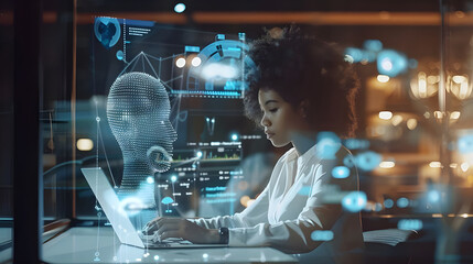 Fototapete - A woman works on a laptop, interacting with a digital AI hologram interface, highlighting futuristic technology and innovation.