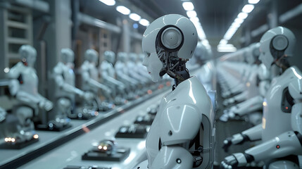 Fototapete - robots line up in an advanced manufacturing facility, highlighting modern automation and precision i