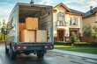 © justjupiter - A delivery truck parked in front of a beautiful house, loaded with cardboard boxes ready for transport and moving.