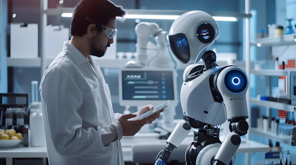 Poster - A scientist in a lab coat interacts with an advanced AI robot in a high-tech laboratory, showcasing cutting-edge technology.