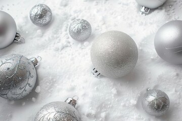 Wall Mural - festive silver christmas ornaments scattered on a snowy white background, perfect for holiday-themed