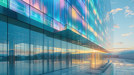Aufkleber - New office building with iridescent glass panels hanging airily in front of the facade. Generative AI.