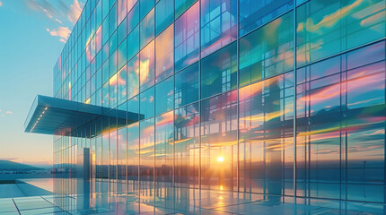 Aufkleber - New office building with iridescent glass panels hanging airily in front of the facade. Generative AI.