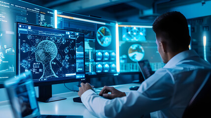 Poster - A data scientist working in a futuristic lab, analyzing AI and neural networks on multiple screens filled with complex data visualizations.