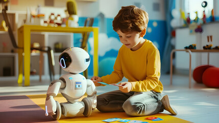 Aufkleber - A young boy interacts with a robot toy, learning through play in a brightly colored, modern educational setting.