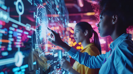 Fototapete - Two women examine data on a futuristic interactive screen, highlighting innovation and technology in a vibrant, neon-lit environment.