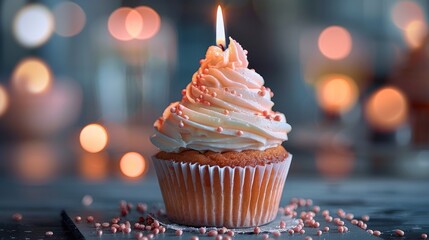 Poster - Cupcake with a candle burning on defocused background and space for text on the side. Generative AI.