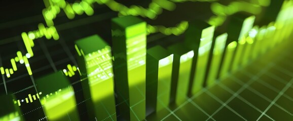 Close-up of 3D lime green blocks creating a positive stock market graph, symbolizing financial success on a dark green backdrop.