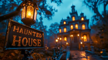 Wall Mural - “HAUNTED HOUSE”  sign - Halloween - dusk - sundown - spooky scary - decorated 