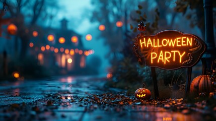 Wall Mural - “HALLOWEEN PARTY” ” sign - Halloween - dusk - sundown - spooky scary - decorated 