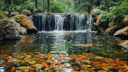 Poster - Forest, small waterfall, clear stream with visible fish swimming. Generative AI.