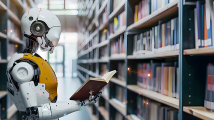Fototapete - a humanoid robot stands in a modern library, engrossed in reading a book amidst rows of colorful boo
