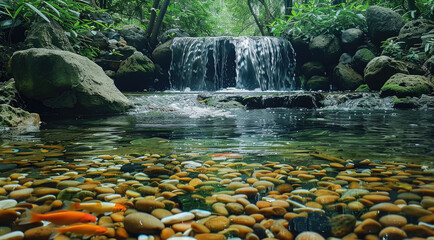Poster - Forest, small waterfall, clear stream with visible fish swimming. Generative AI.