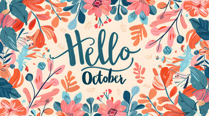 October month illustration background with pastel colors drawing with written Hello October to celebrate start of the month