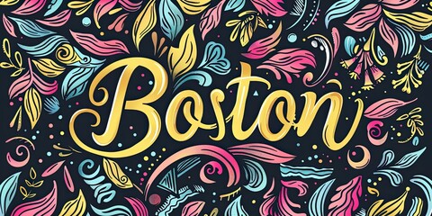 Canvas Print - Colorful Floral Design Featuring Boston Typography