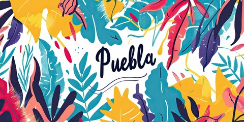 Canvas Print - Vibrant Tropical Leaves with 'Puebla' Text