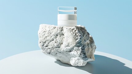 Poster - Looking up, a white rock with glass skincare products