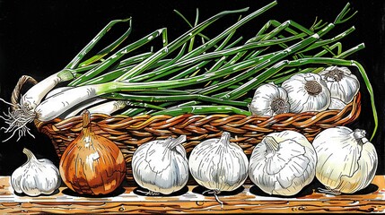 Wall Mural -   A garlic painting in a wicker basket on wooden table with green onions