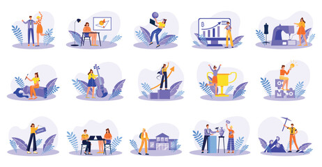 Wall Mural - Set of blue concepts with people scene in flat cartoon design. Impressive scenes using a beautiful color palette are depicted in this collection. Vector illustration.