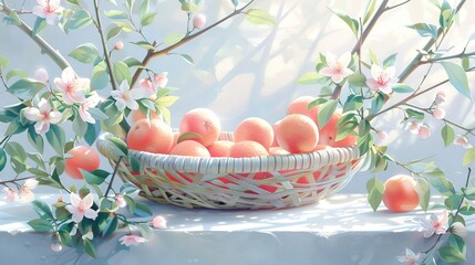 Sticker -   Basket of Oranges and Pink Flowers - Painting of an orange basket on a table alongside a pink-flowered tree branch