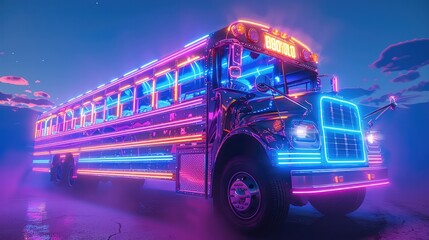 Poster - Disco party bus flying through the sky, neons, colorful, school party bus, white background. Generative AI.