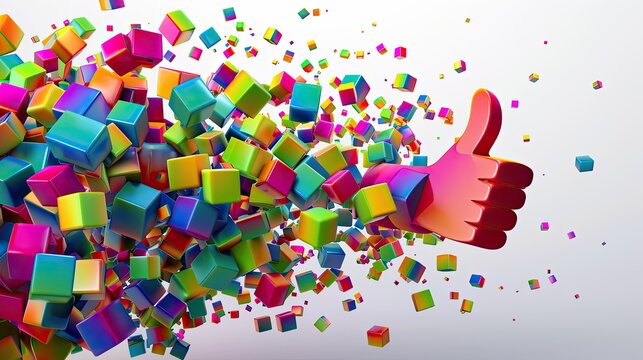 Multi-hued cubes swirling and combining in space, forming an abstract thumbs up sign on a plain backdrop.